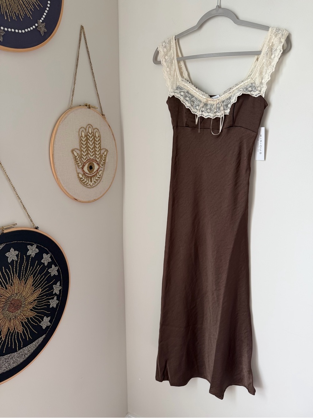 Brown cream lace trim Maxi Slip Dress